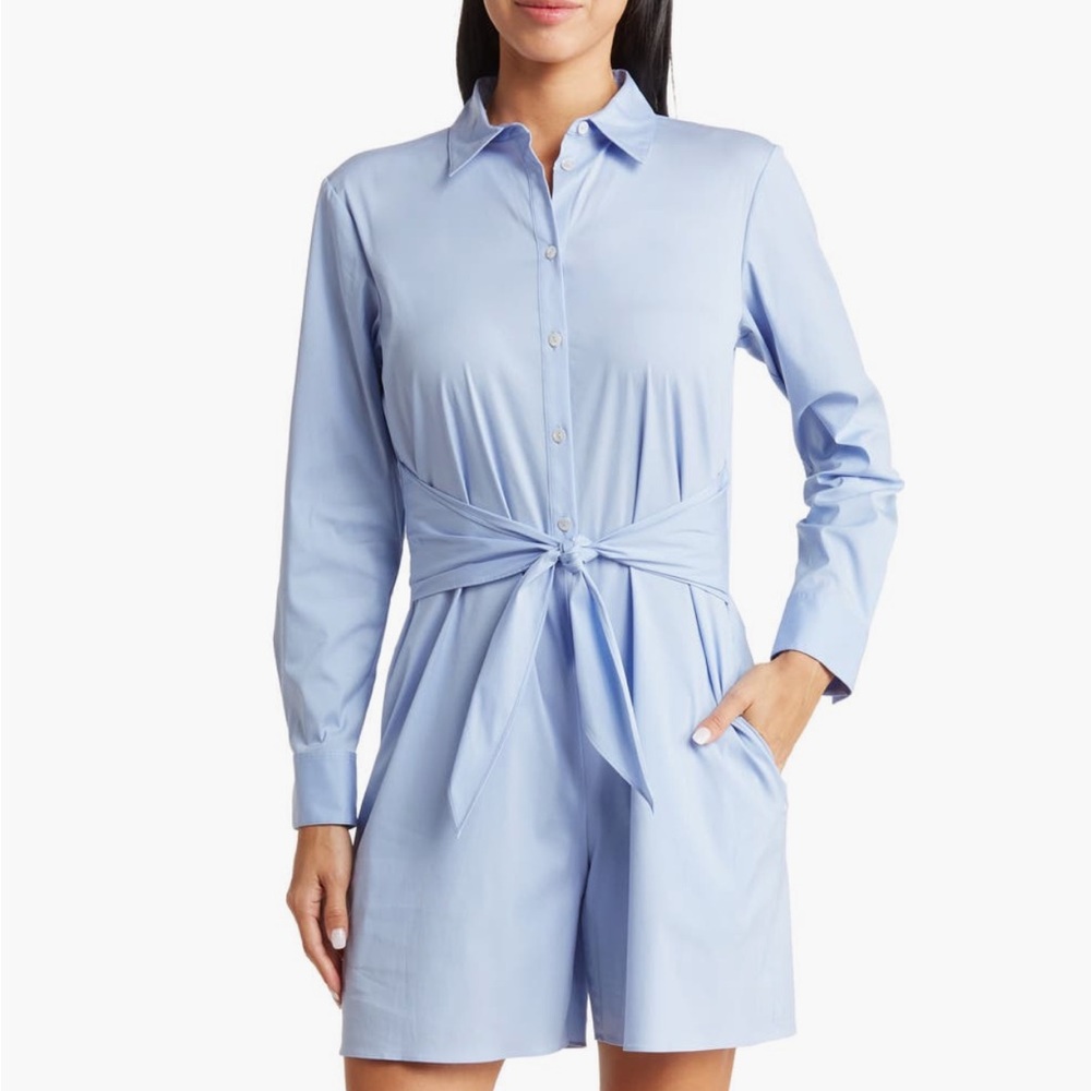 THEORY Front Tie Long Sleeve Cotton Romper Size 8